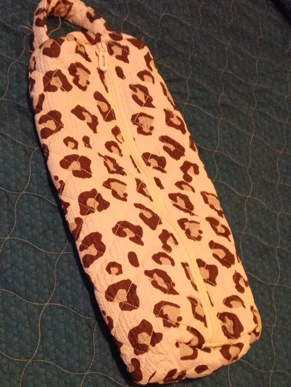 Leopard Print Quilted Cosmetic Pouch - Cream & Brown